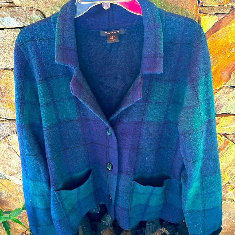 Tahari Black Watch Green & Navy Soft XL Jacket Button Front;2 Front Pockets